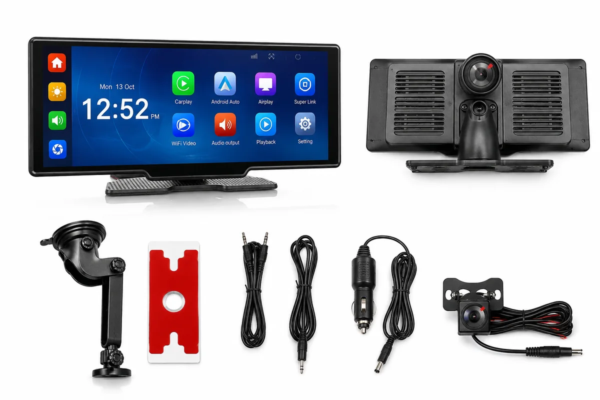 Vsebina paketa CarPlay zaslona z AHD vzvratno kamero in kablom